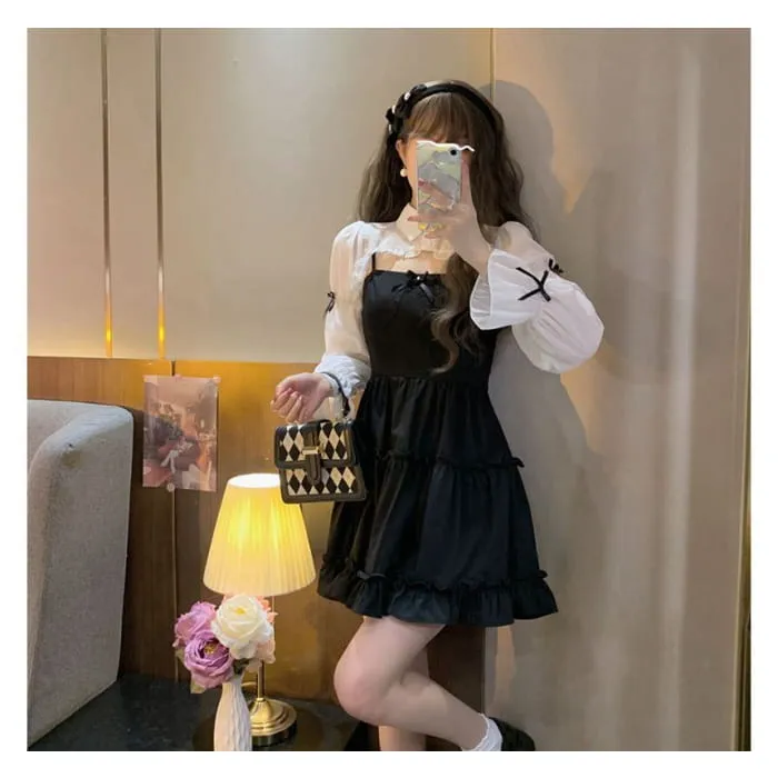 Plain Bow Ruffle Crop Shirt / Spaghetti Strap Mini A-Line Dress