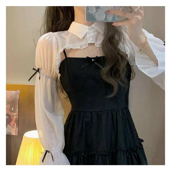 Plain Bow Ruffle Crop Shirt / Spaghetti Strap Mini A-Line Dress