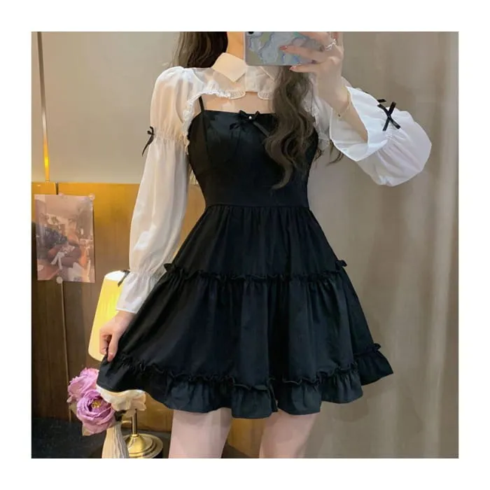 Plain Bow Ruffle Crop Shirt / Spaghetti Strap Mini A-Line Dress