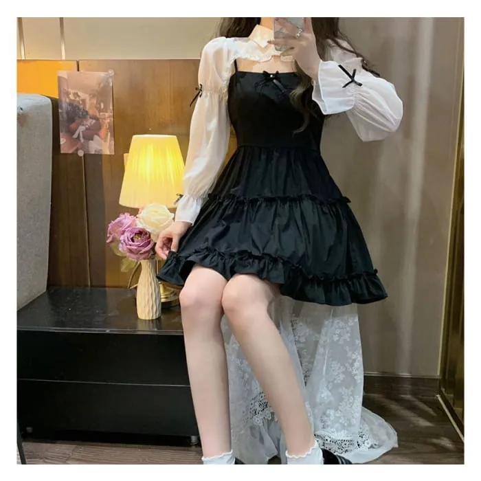 Plain Bow Ruffle Crop Shirt / Spaghetti Strap Mini A-Line Dress