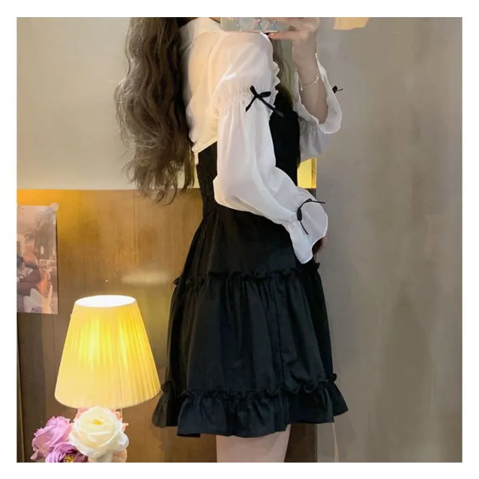 Plain Bow Ruffle Crop Shirt / Spaghetti Strap Mini A-Line Dress