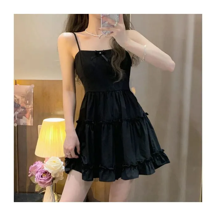 Plain Bow Ruffle Crop Shirt / Spaghetti Strap Mini A-Line Dress