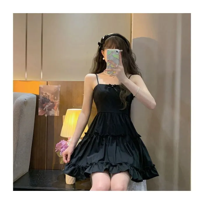 Plain Bow Ruffle Crop Shirt / Spaghetti Strap Mini A-Line Dress