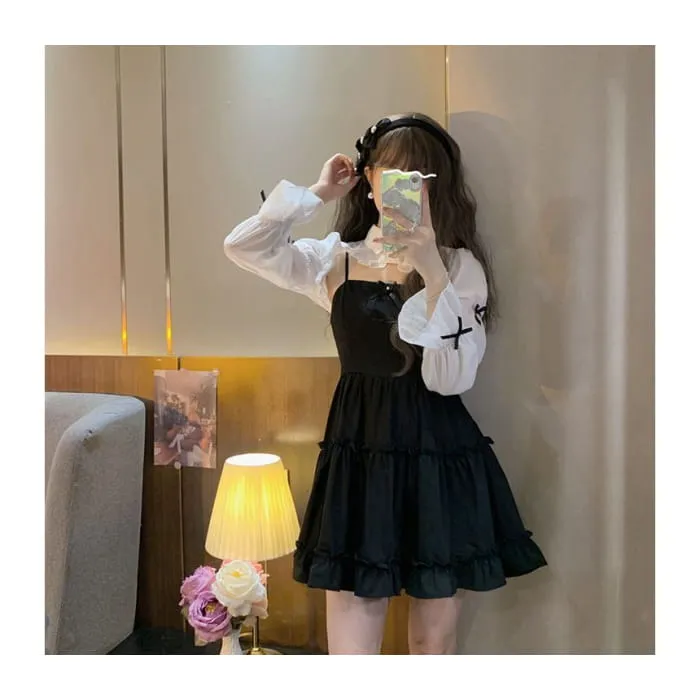 Plain Bow Ruffle Crop Shirt / Spaghetti Strap Mini A-Line Dress