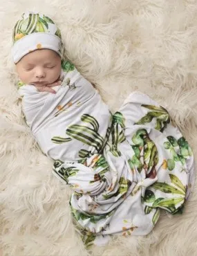 Posh Peanut Cactus & Wooden Wheel Swaddle & Beanie Set