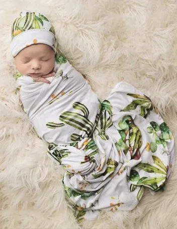 Posh Peanut Cactus & Wooden Wheel Swaddle & Beanie Set