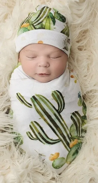Posh Peanut Cactus & Wooden Wheel Swaddle & Beanie Set