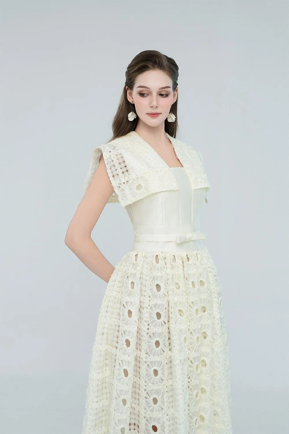Raquel A-line Cape Sleeved Lace Maxi Dress