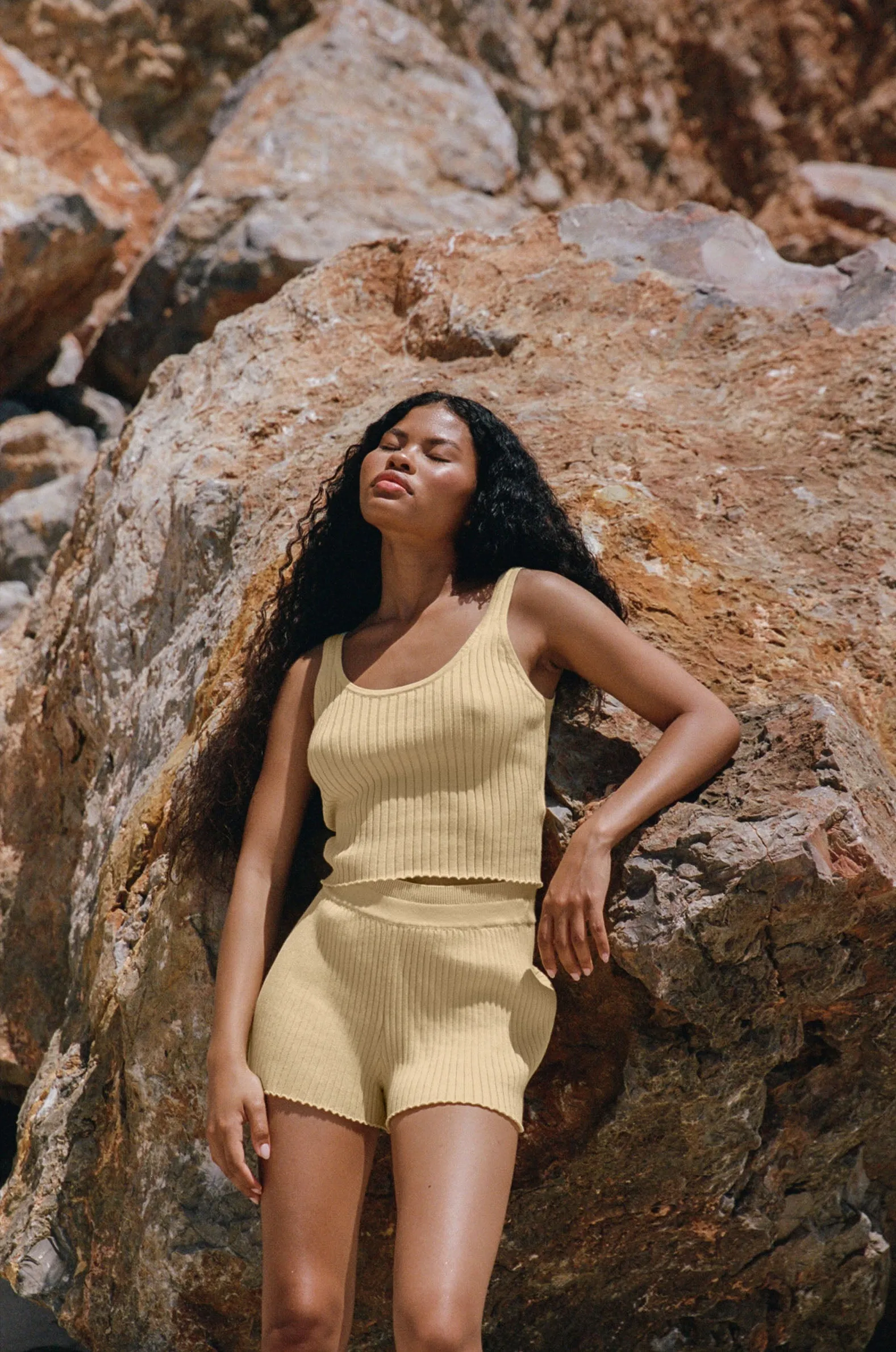 Rib Knit Scoop Neck Crop Top - Lemon Yellow