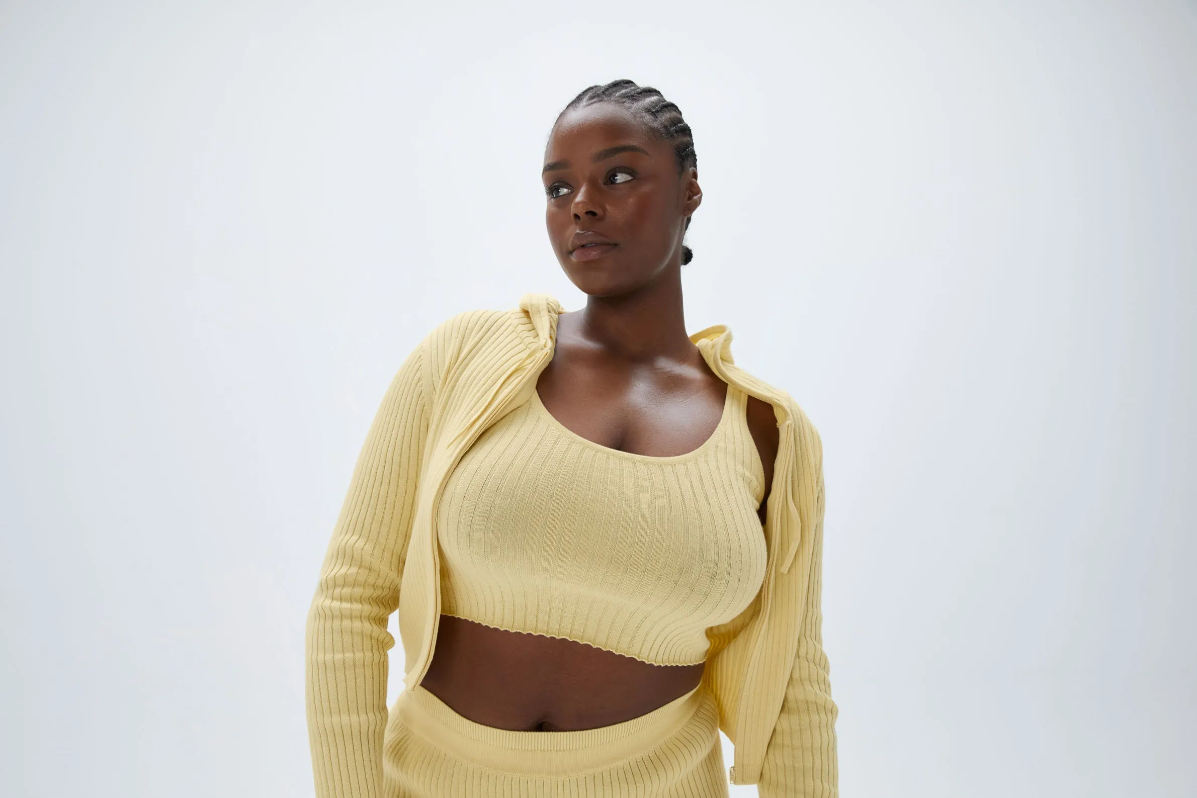 Rib Knit Scoop Neck Crop Top - Lemon Yellow