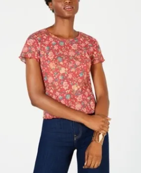 Self Esteem Juniors' Floral Print Knit Semi Cropped Top Shirt Red/Yelow Size Small