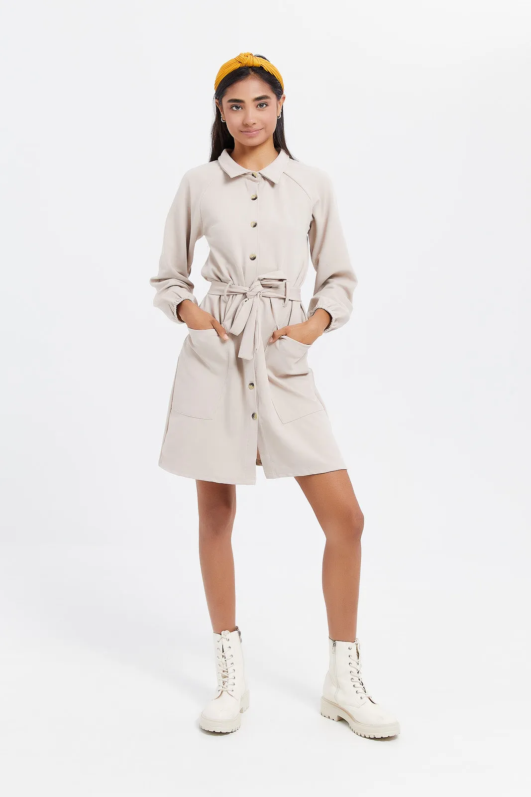 Senior Girls Beige Collared Shirt Dress
