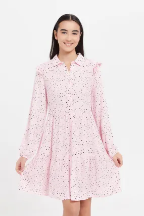 Senior Girls Pink And White Floral Shirt Dress
