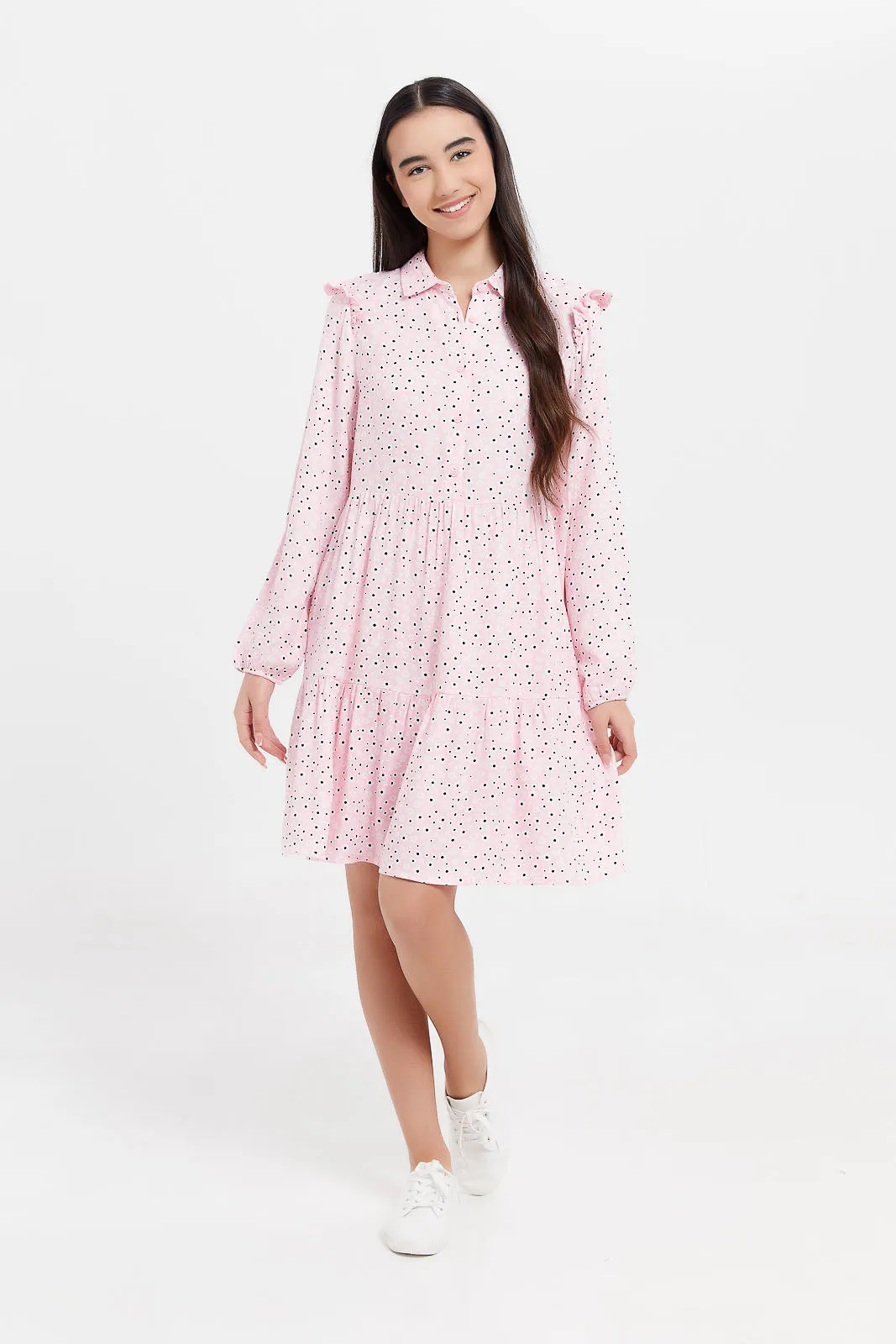 Senior Girls Pink And White Floral Shirt Dress