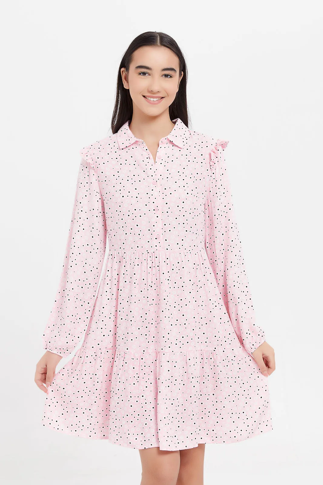 Senior Girls Pink And White Floral Shirt Dress