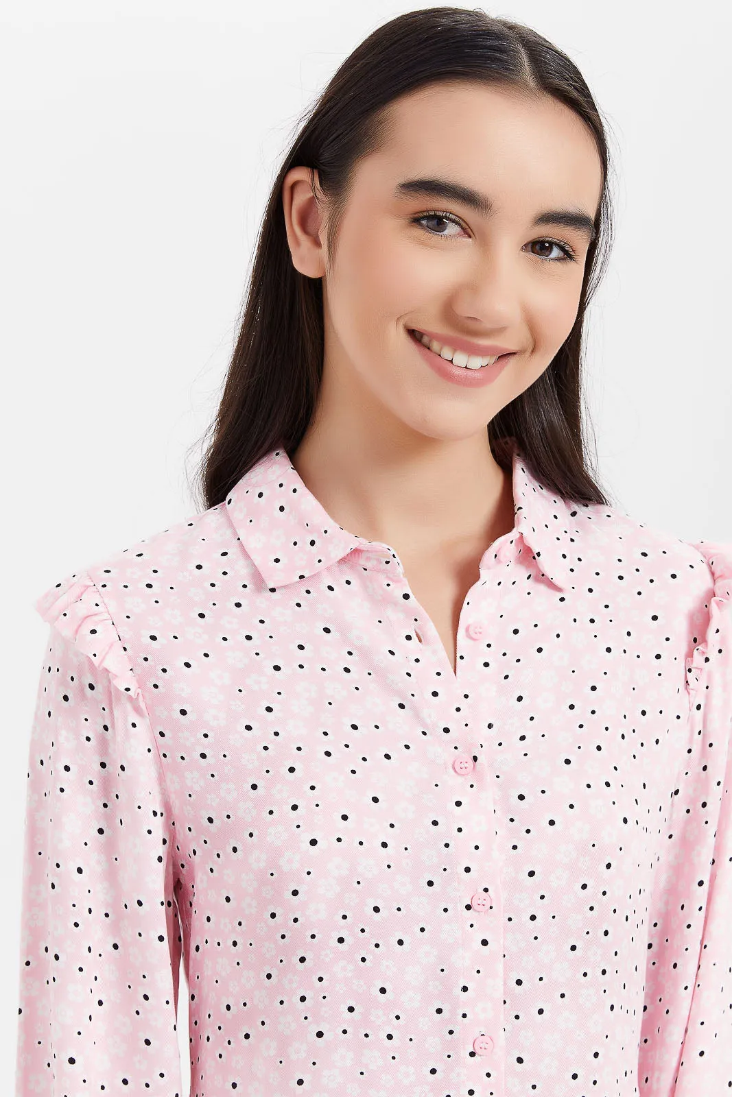 Senior Girls Pink And White Floral Shirt Dress