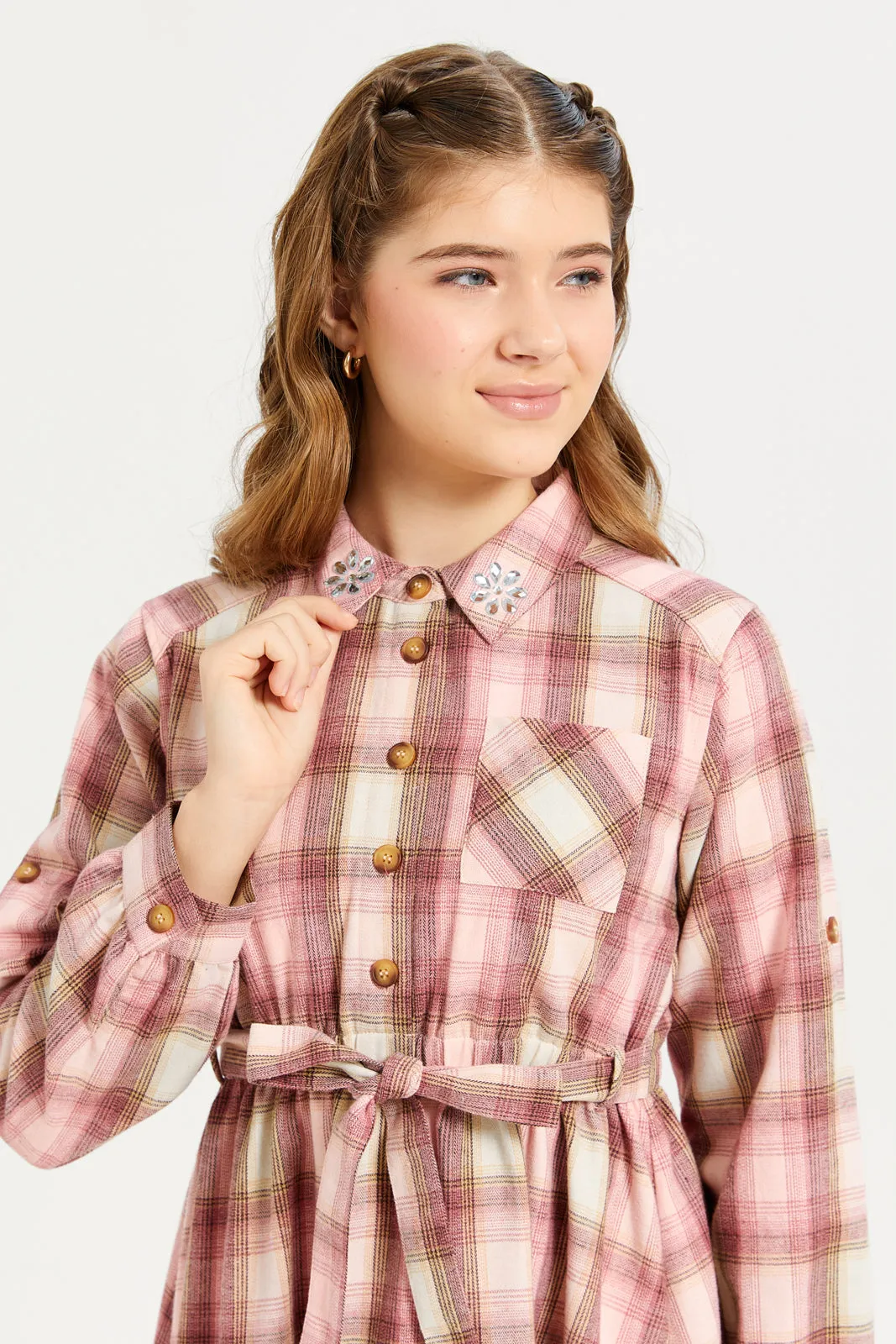Senior Girls Pink Plaid Shirt Dress