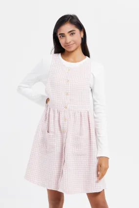 Senior Girls Pink Tweeds Dungarees With T-Shirt (2 Piece)