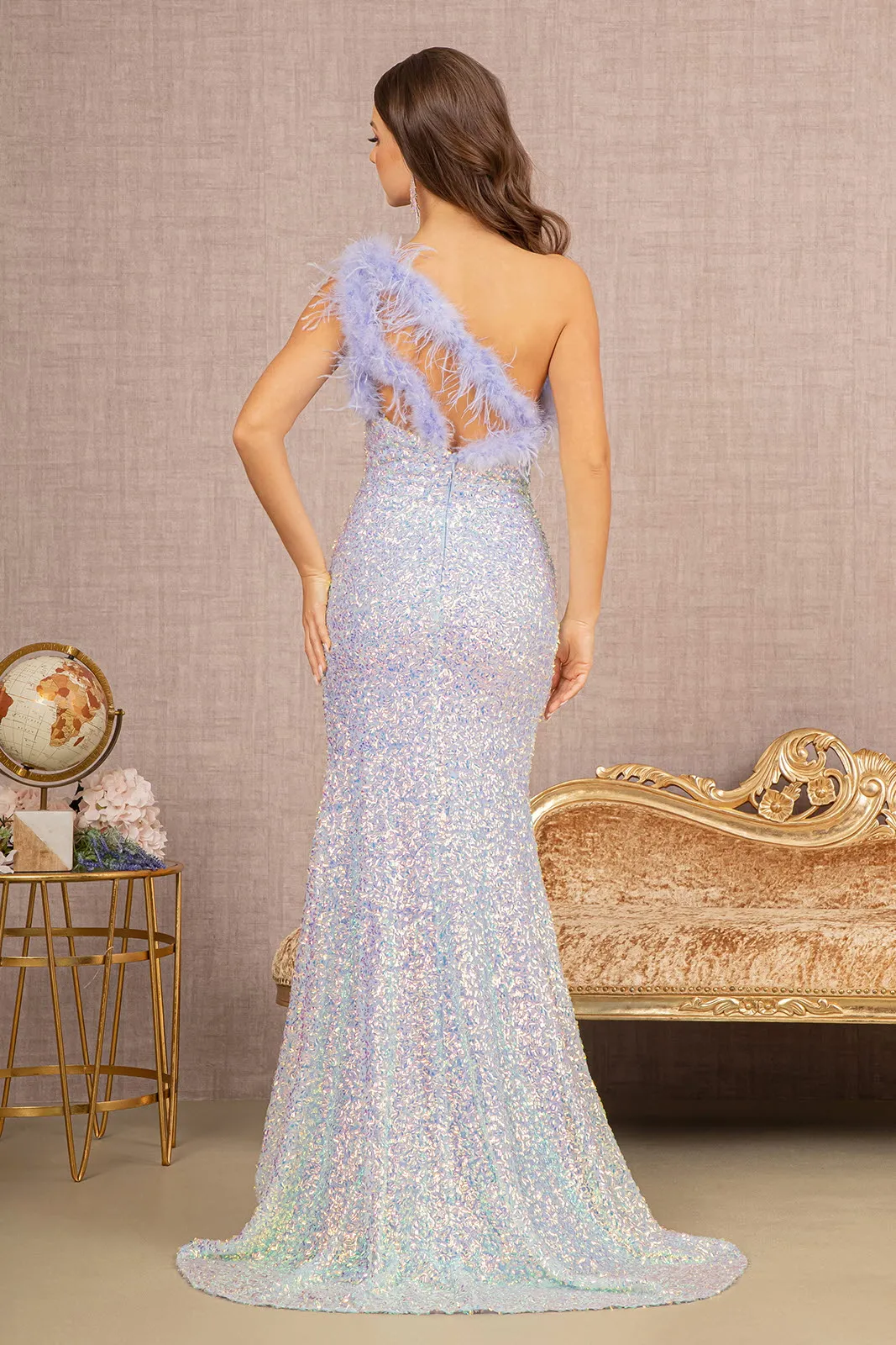 Sequin Asymmetric Cut-out Back Mermaid Dress Feather Strap GLGL3165