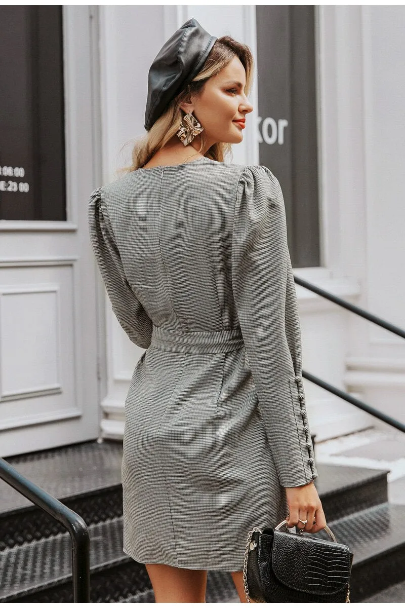Sexy V-neck Plaid Retro Drop Shoulder Puff Sleeve Short Elegant Office Strap Short Dress