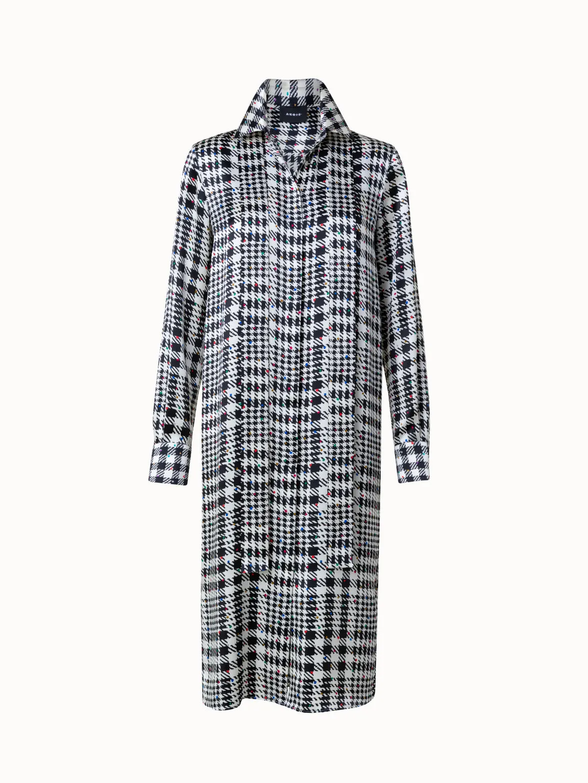 Silk Satin Shirt Dress with Tweed Check Print