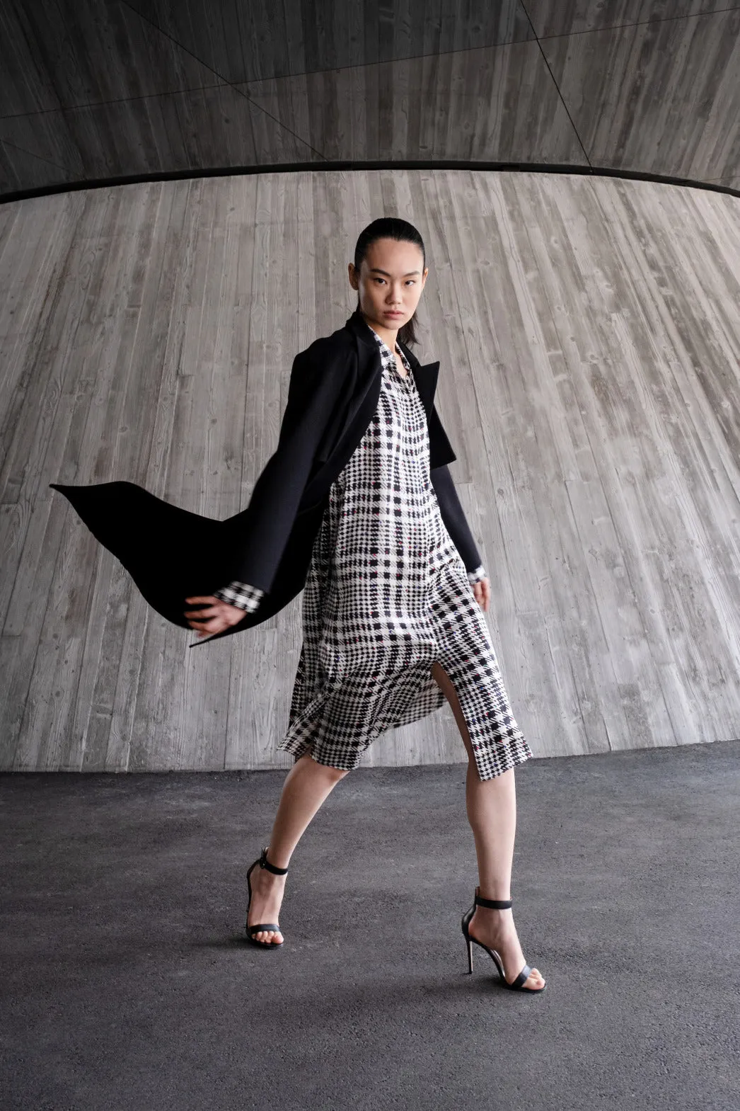 Silk Satin Shirt Dress with Tweed Check Print