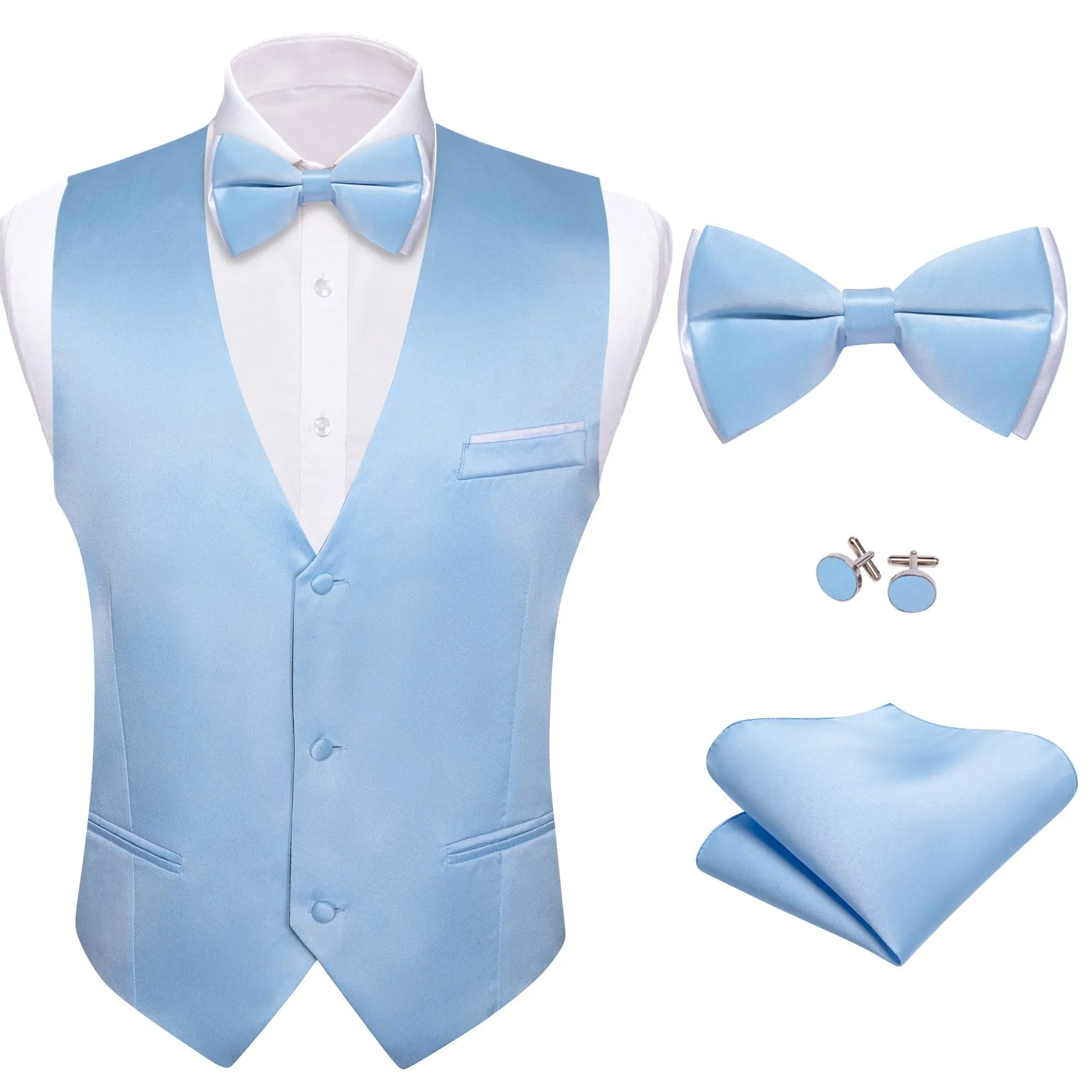 Sky Blue Solid Silk Men's Vest Bow Tie Set Waistcoat Suit Set