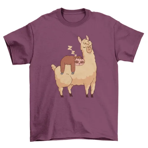 Sleeping Sloth Riding Llama Illustration T-shirt