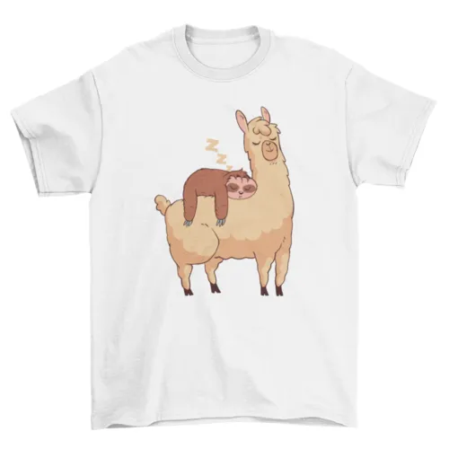 Sleeping Sloth Riding Llama Illustration T-shirt