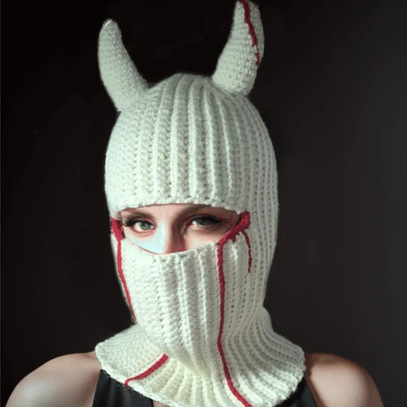 Solid Color Devil Horns Knit Balaclava Hat