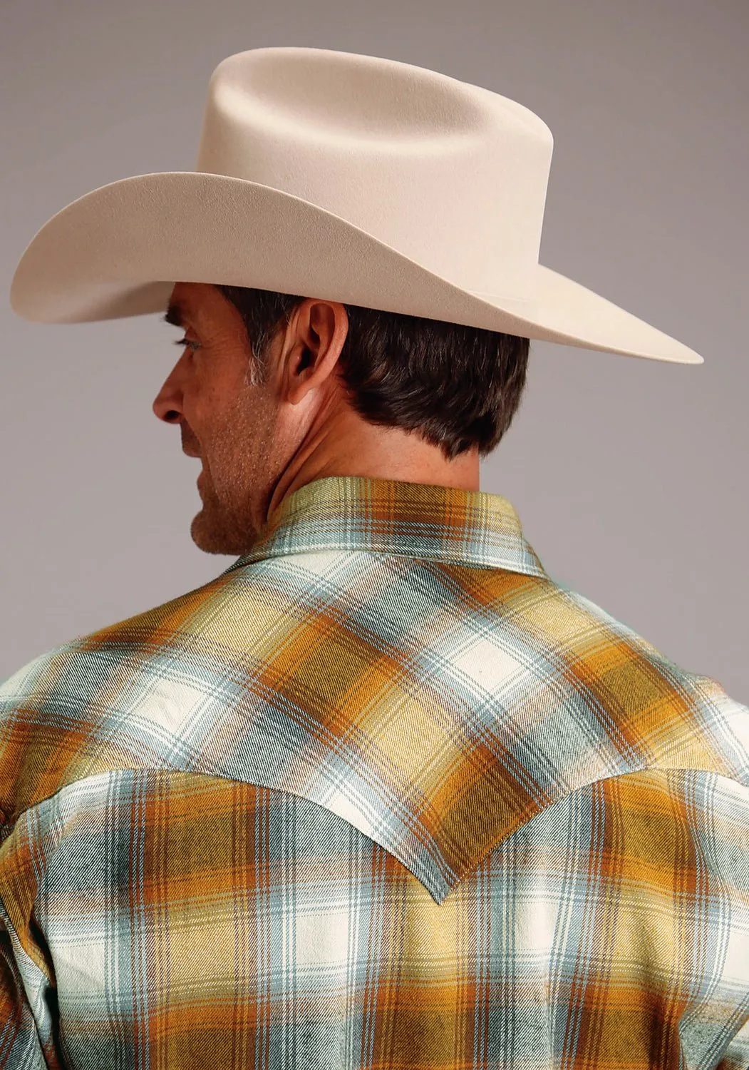 Stetson Mens Cream Plaid Brown 100% Cotton L/S Shirt