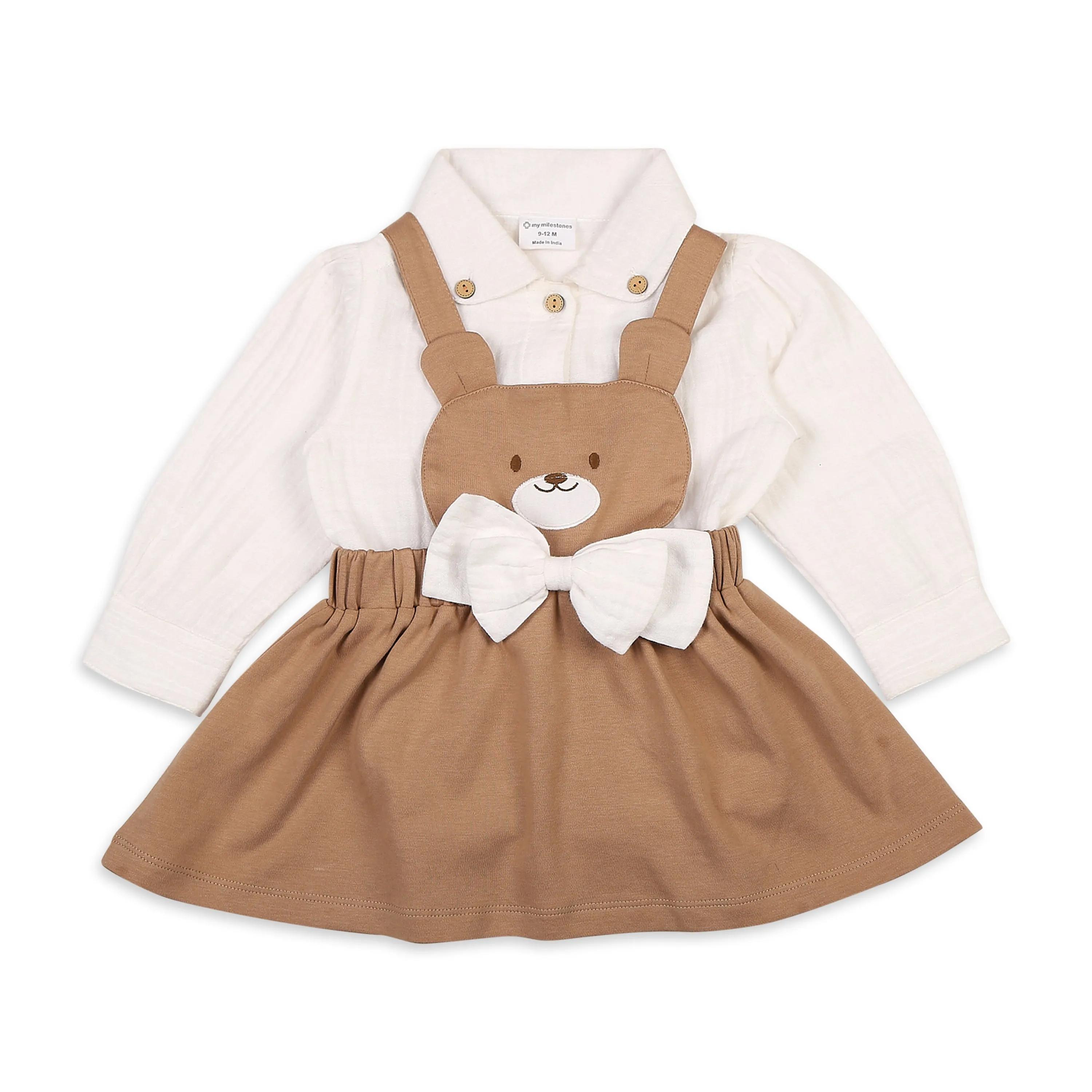 Teddy Dungaree Dress With Double Cloth Shirt  Set