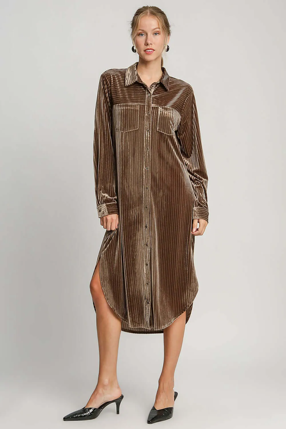 Texture Curved Hem Button Down Shirt Dress