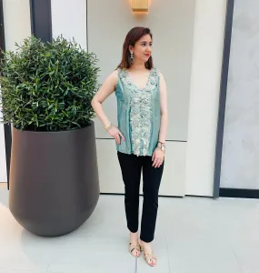 Trisha Icy Blue Floral Blouse with a Matching Purse Set