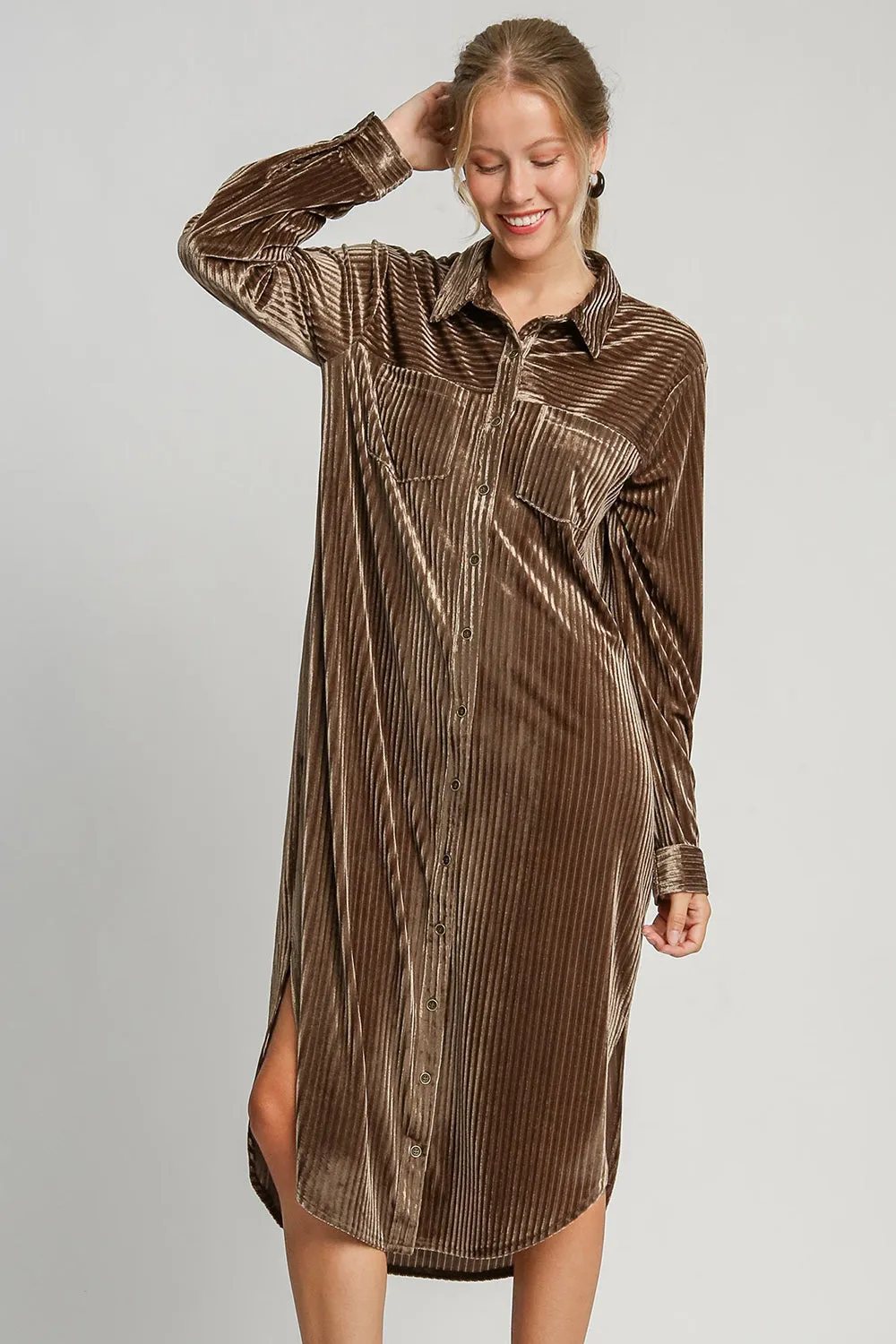 Umgee Shirt Dress Brown Texture Curved Hem Button Long Sleeve Side Slit