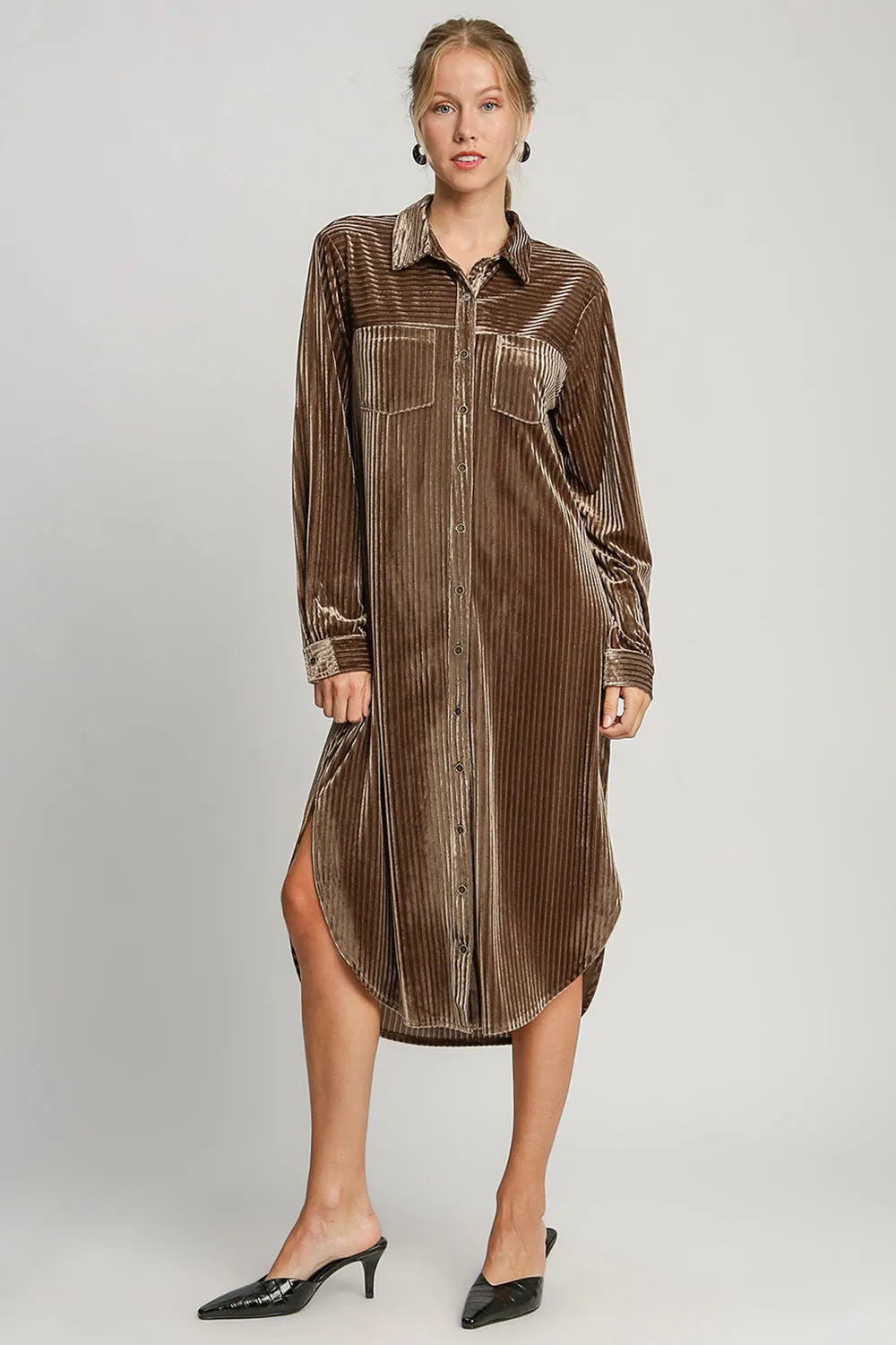 Umgee Shirt Dress Brown Texture Curved Hem Button Long Sleeve Side Slit