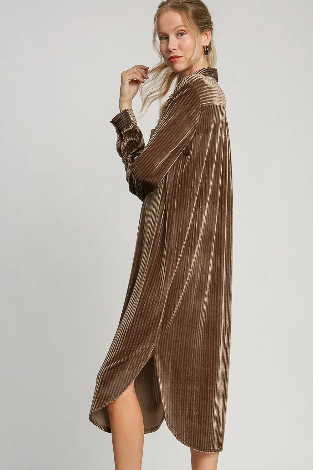 Umgee Shirt Dress Brown Texture Curved Hem Button Long Sleeve Side Slit