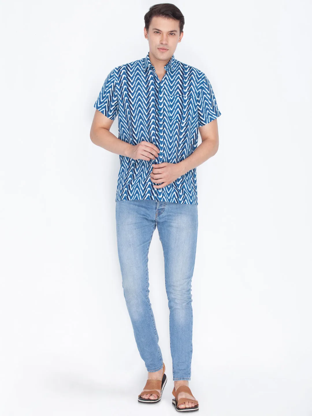 VASTRAMAY Men's Blue Cotton Ethnic Shirt