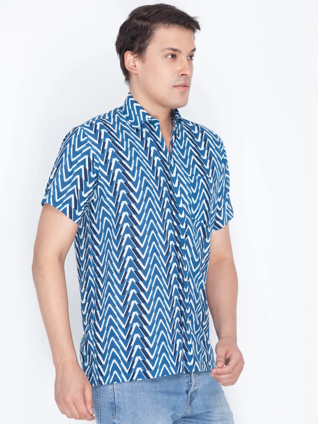 VASTRAMAY Men's Blue Cotton Ethnic Shirt