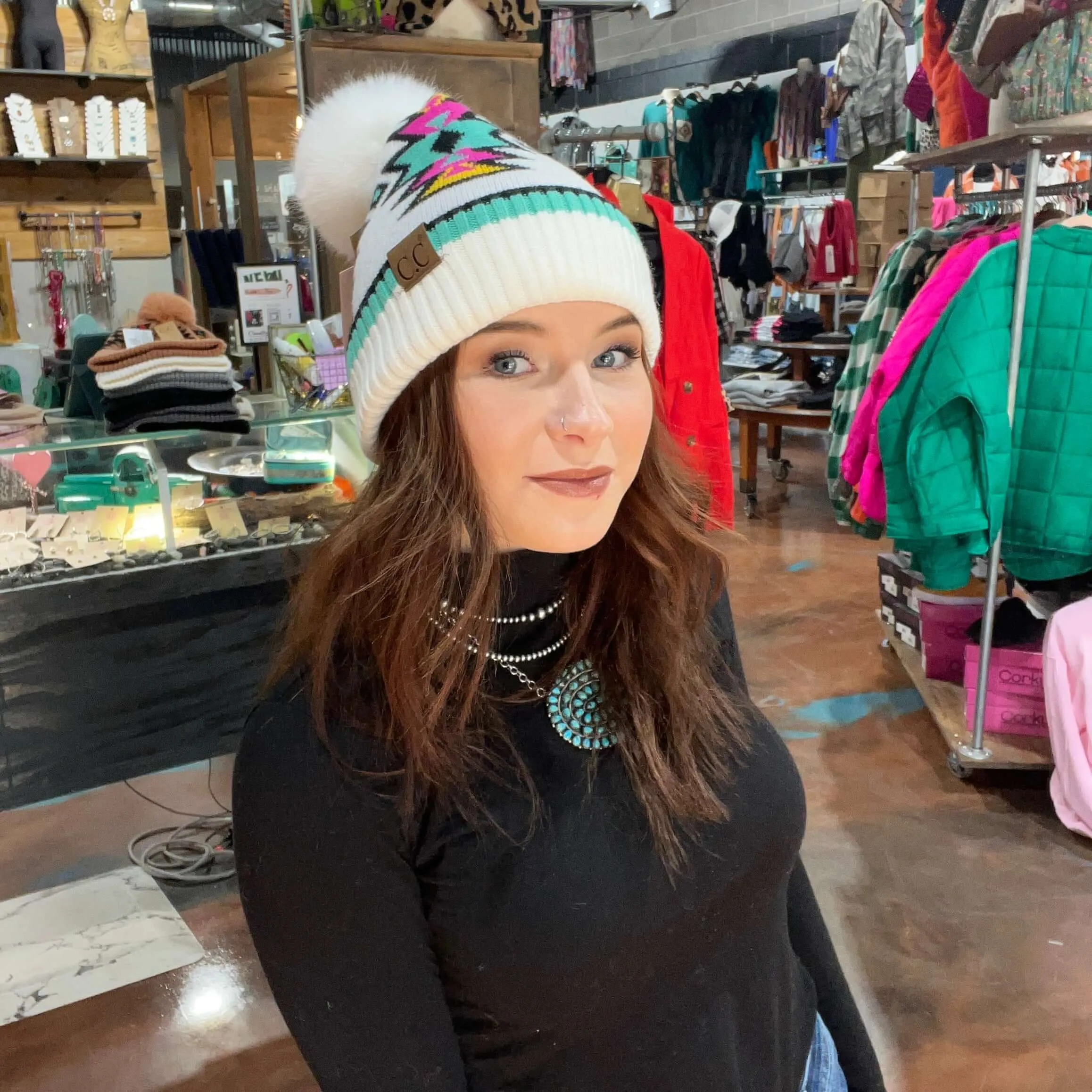 White and Pink Soutwestern Tribal CC Beanie