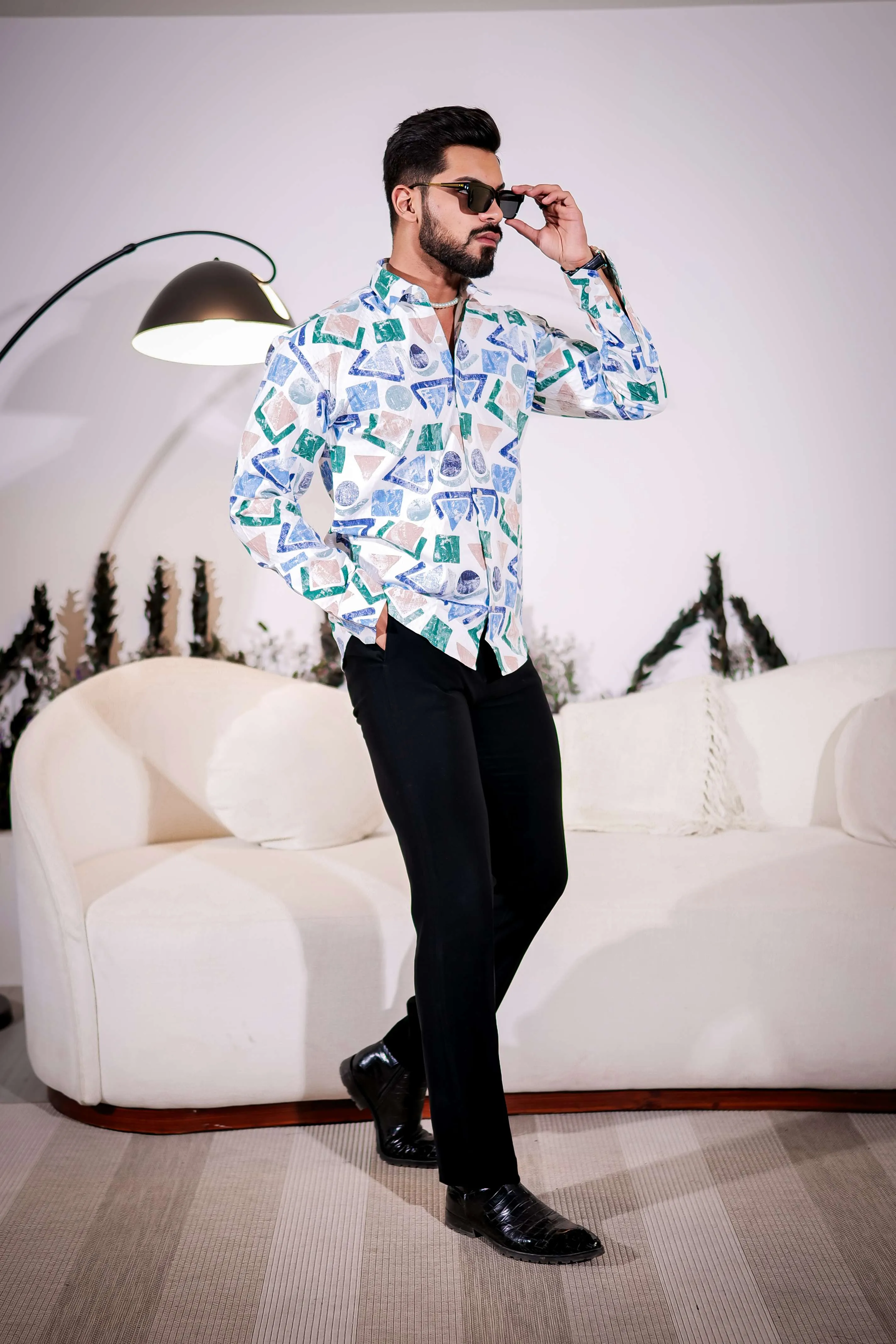 White Multicolor Giza cotton print premium shirt