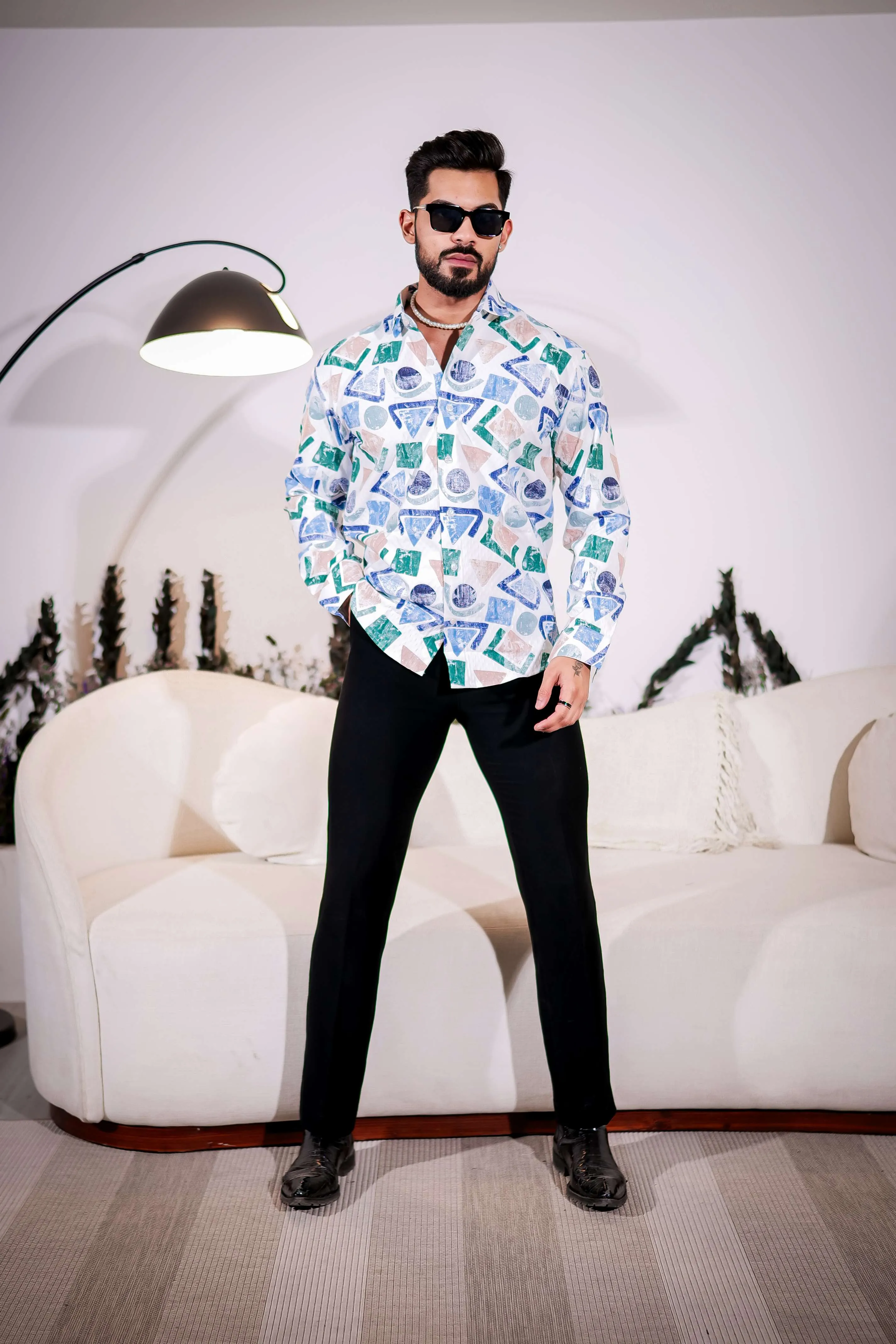 White Multicolor Giza cotton print premium shirt