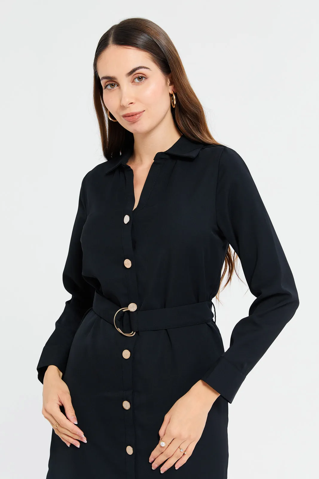 Woman Black Belted Shirt Dress