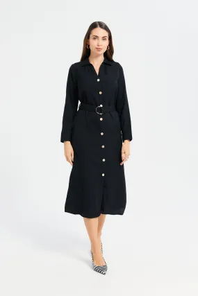 Woman Black Belted Shirt Dress