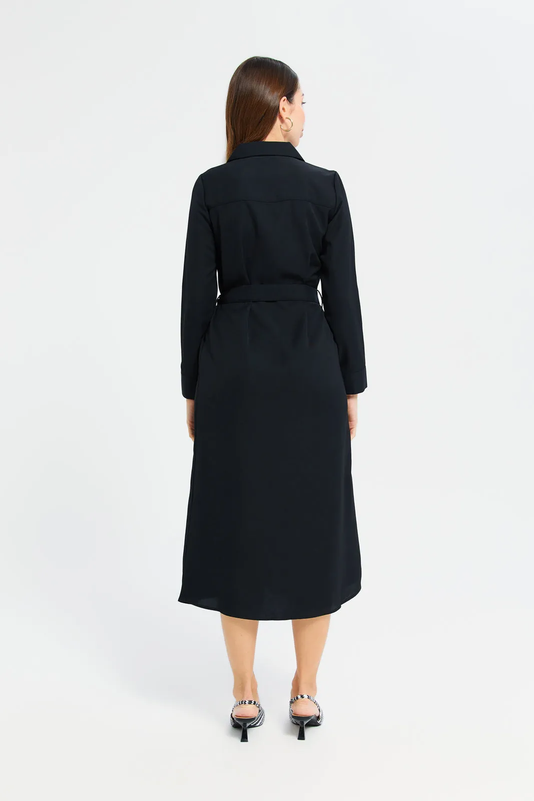Woman Black Belted Shirt Dress