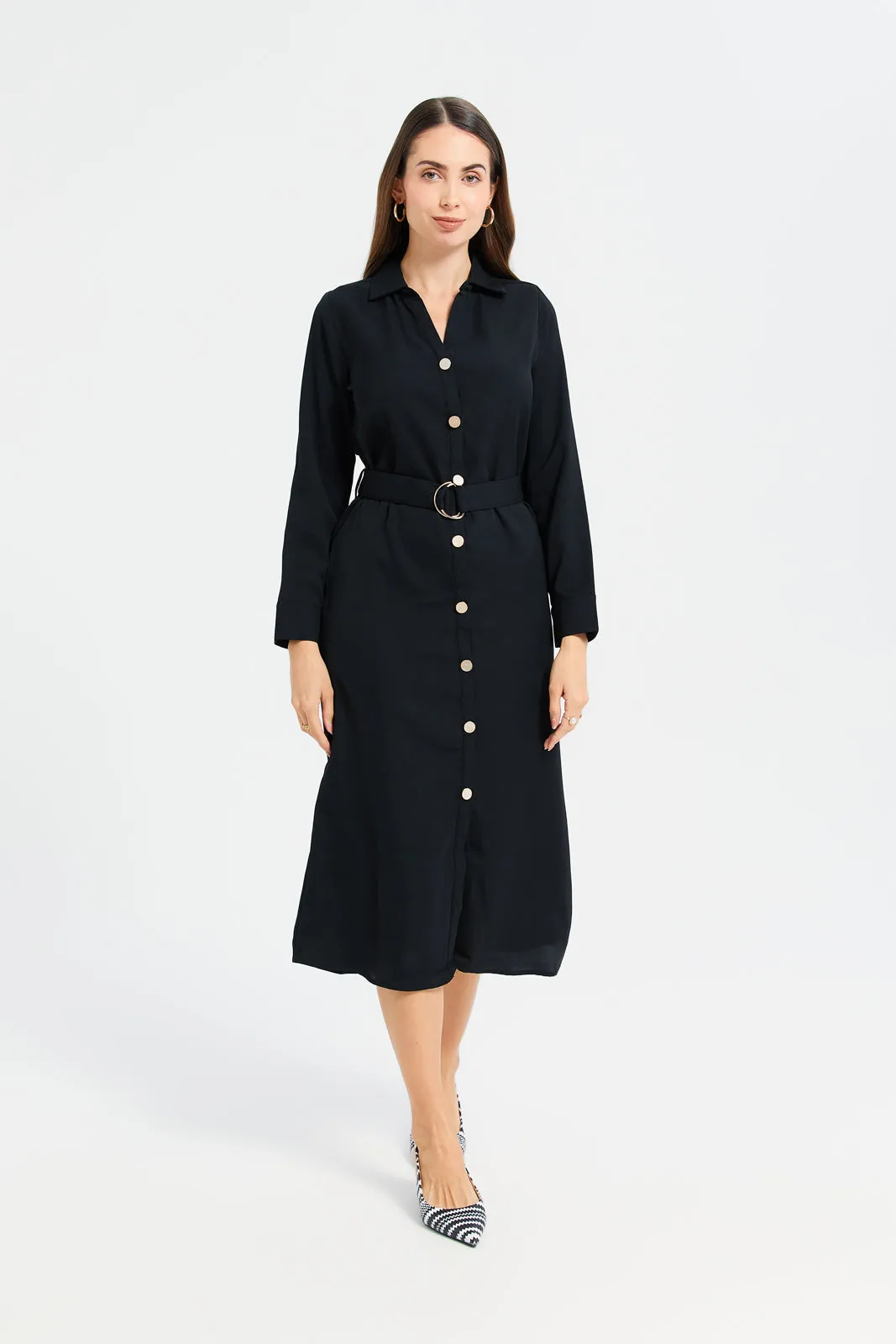 Woman Black Belted Shirt Dress