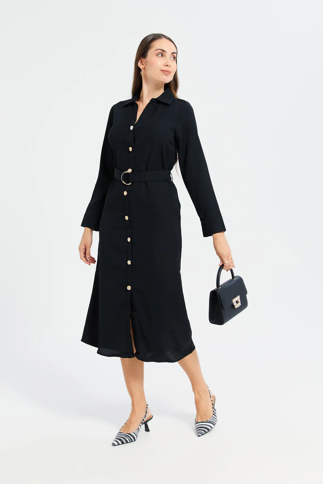Woman Black Belted Shirt Dress