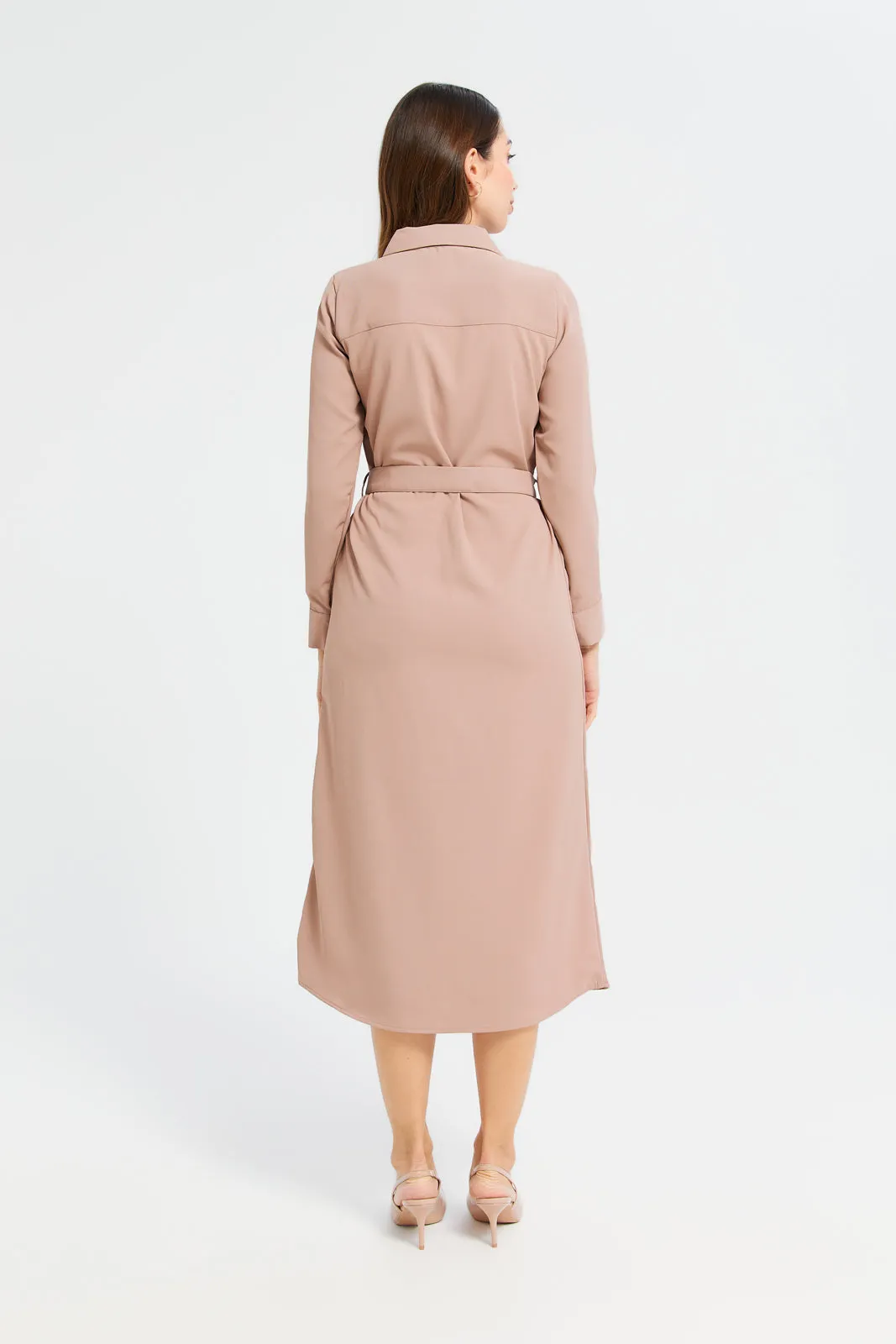 Woman Taupe Belted Shirt Dress