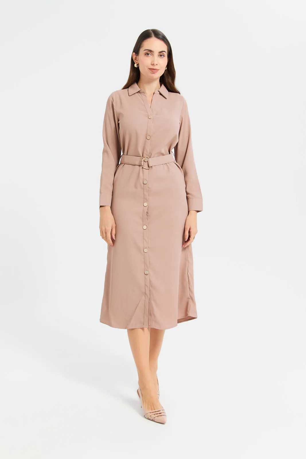 Woman Taupe Belted Shirt Dress