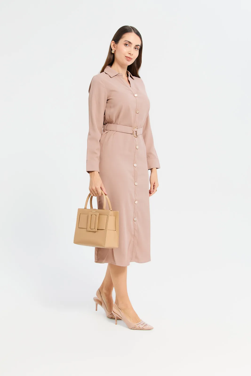Woman Taupe Belted Shirt Dress